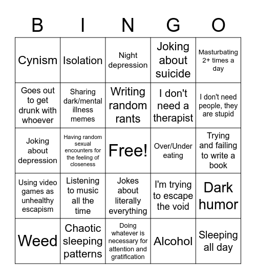 The "I am coping" Bingo Card