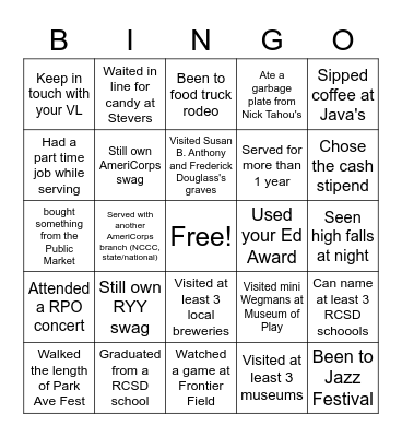 RYY/Rochester Bingo Card