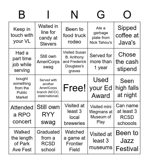 RYY/Rochester Bingo Card