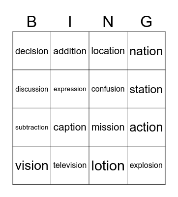 -tion & -sion Words Bingo Card