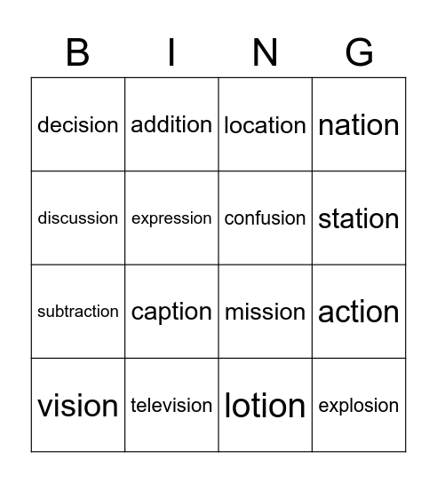 -tion & -sion Words Bingo Card