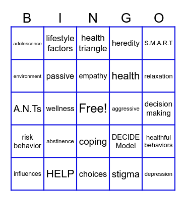 Health Vocabulary Bingo Card