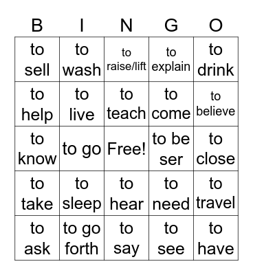 verbs Bingo Card