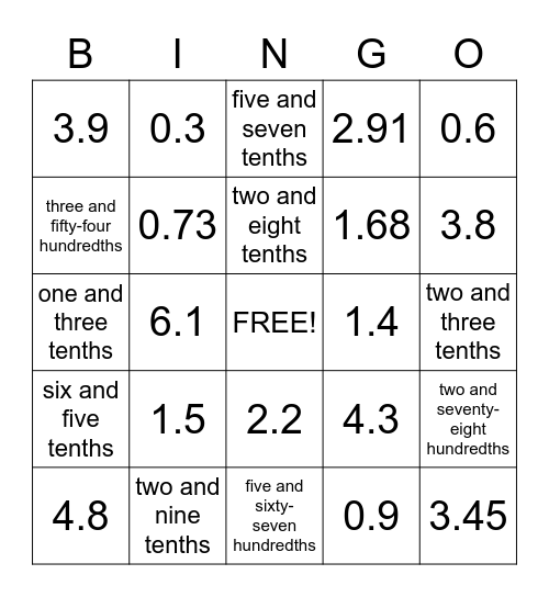 Tenths Bingo Card