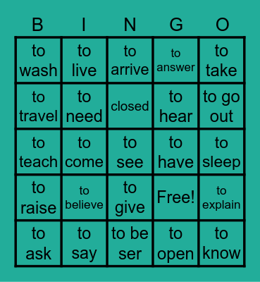 verbs Bingo Card