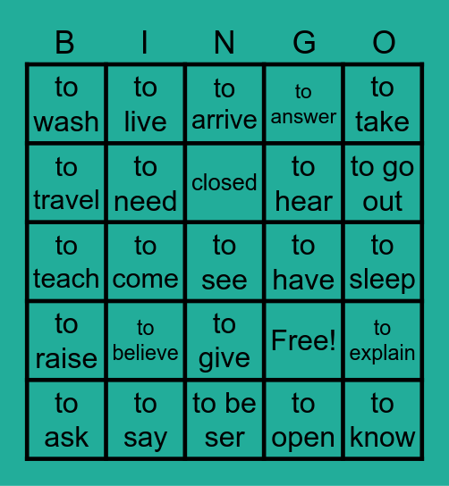 verbs Bingo Card