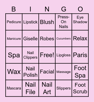 Giselle's Spa Party Bingo Card