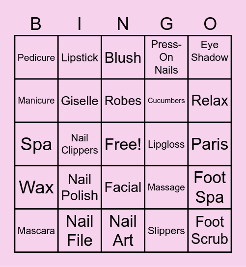 Giselle's Spa Party Bingo Card