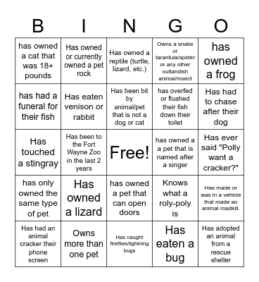 Animals and Pets BINGO Card