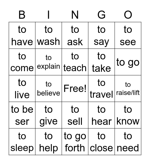 verbs Bingo Card