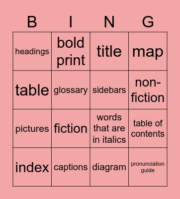 Bingo for my Reading Groups (Text Features) Bingo Card