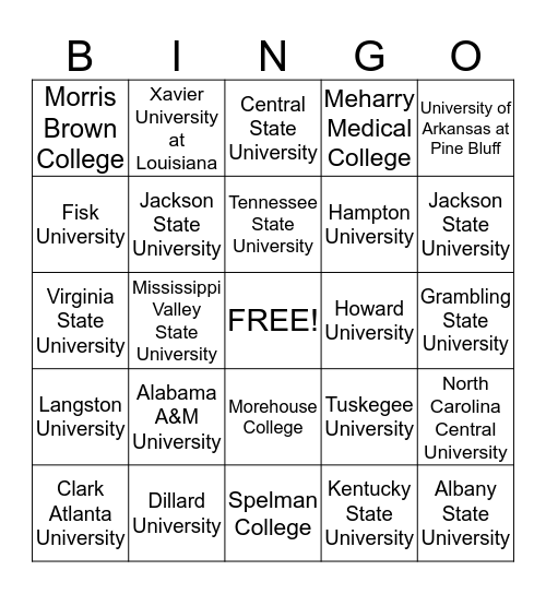 Historical Black Colleges Bingo Card