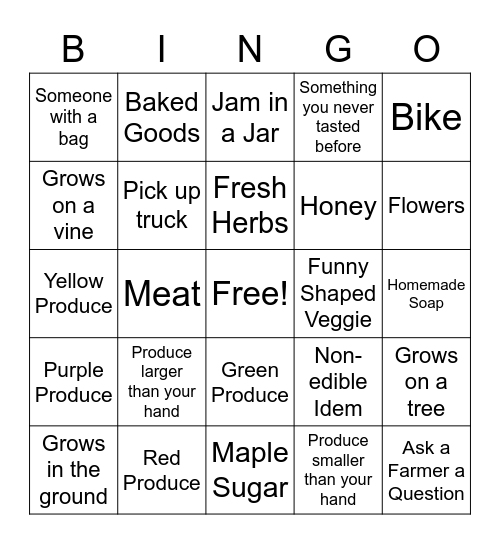 Farmers Market Bingo Card