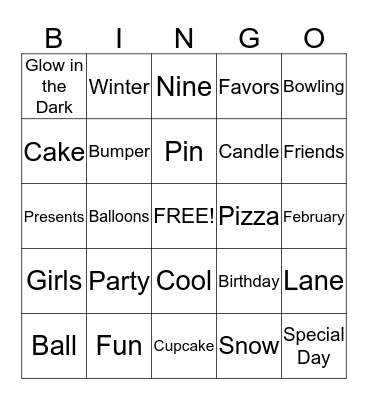 Sabrina's 9th Birthday Bingo Card