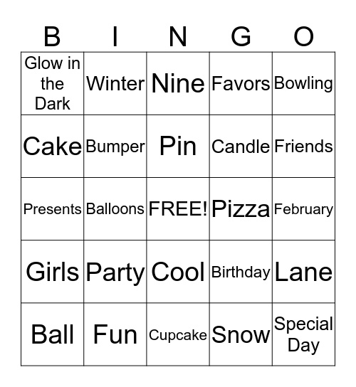 Sabrina's 9th Birthday Bingo Card