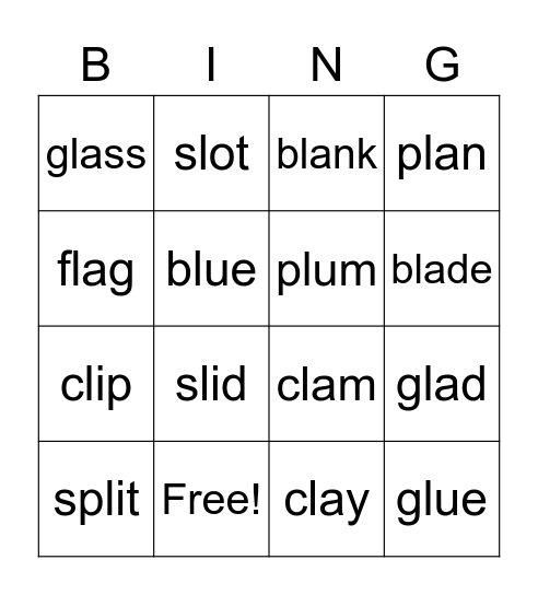 Consonant Clusters Bingo Card