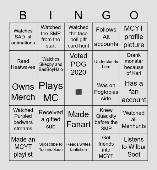 MCYT fan Bingo :) Bingo Card