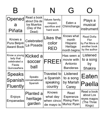 Latin, Latino, Hispanic, Chicano Bingo Card