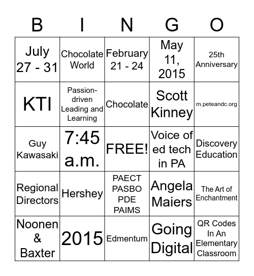 PETE&C 2015 Bingo Card