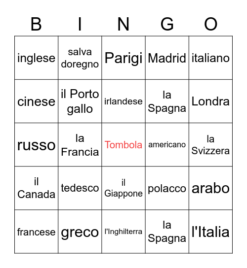 i paesi, le nazionalità, le lingue e le città Bingo Card