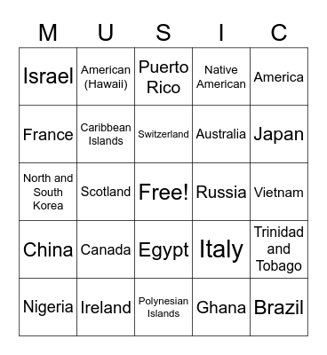 World Music Bingo Card