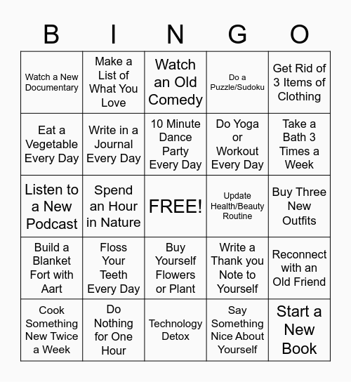 Treat Yourself Bingo Card