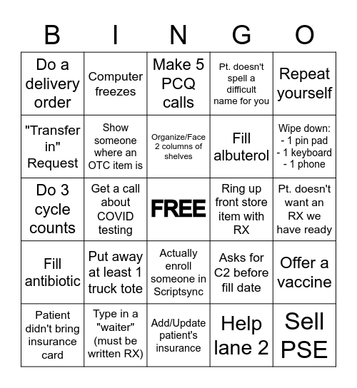 WEEKEND PHARMACY BINGO Card