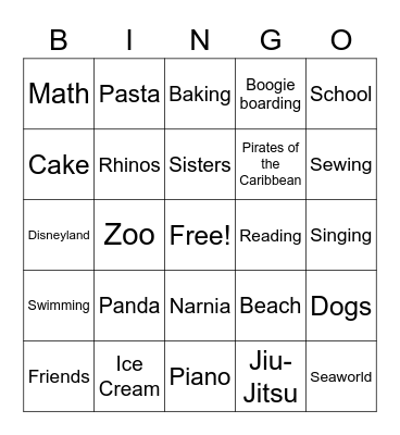 Olivia Bingo Card
