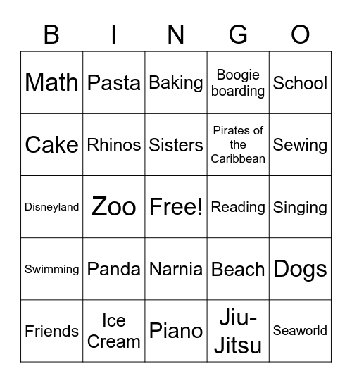 Olivia Bingo Card