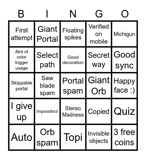 Bingo For Geometry Dash Recent Levels Bingo Card