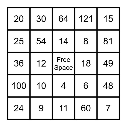 MATH MADNESS Bingo Card