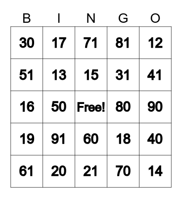 Number Bingo Card