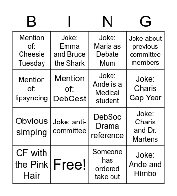 Committee Roast Bingo Card