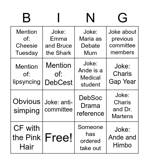 Committee Roast Bingo Card