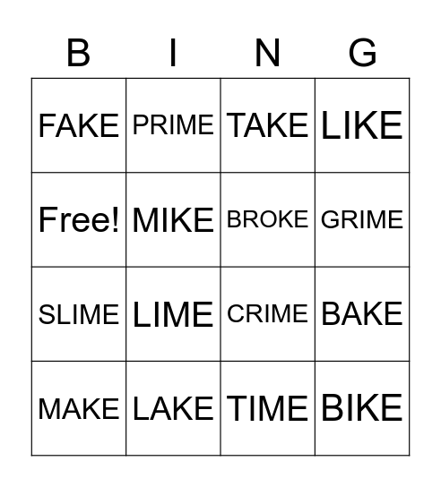 Silent 'E' Bingo Card