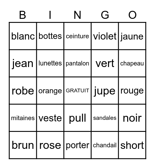 Les vêtements Bingo Card