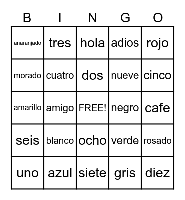 Spanish Colores y Numeros Bingo Card