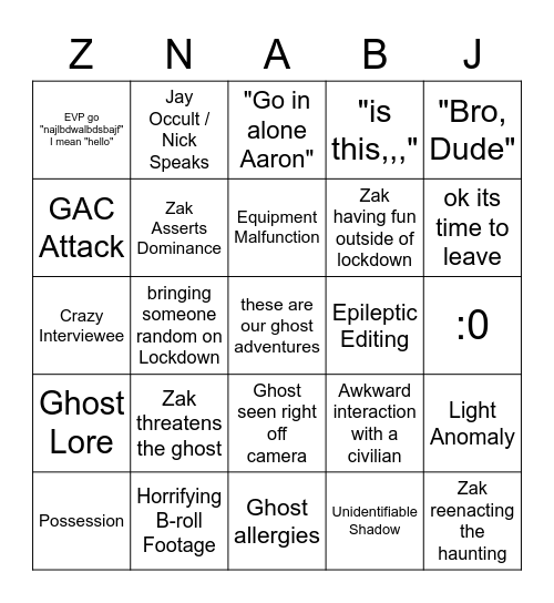 Ghost Adventures Bingo Card