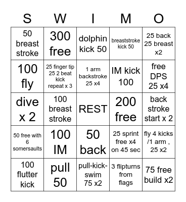 Swim Bingo (SWIMO) Bingo Card