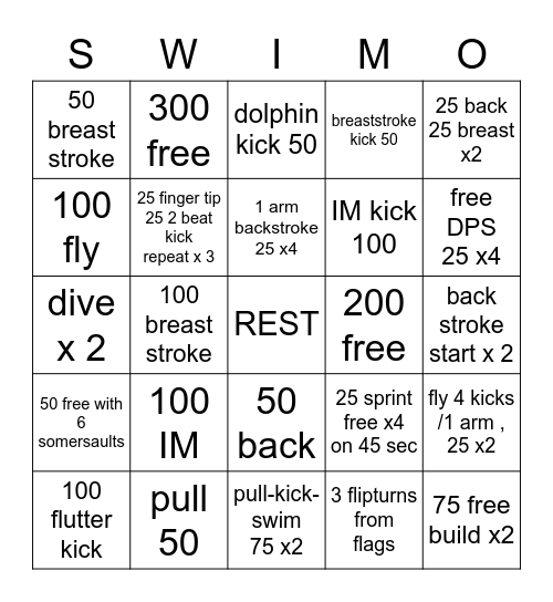 Swim Bingo (SWIMO) Bingo Card