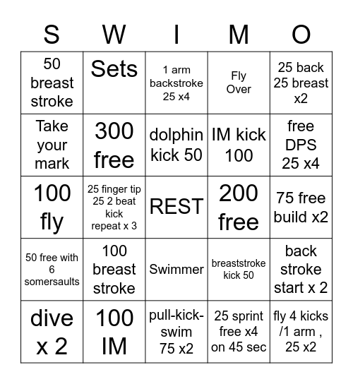 Swim Bingo (SWIMO) Bingo Card