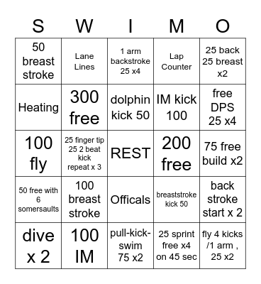 Swim Bingo (SWIMO) Bingo Card