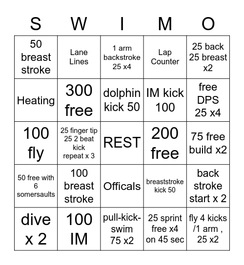 Swim Bingo (SWIMO) Bingo Card
