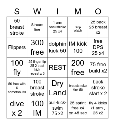 Swim Bingo (SWIMO) Bingo Card