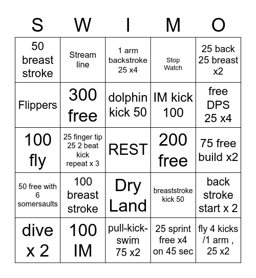 Swim Bingo (SWIMO) Bingo Card