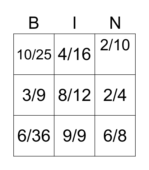 Equivalent fractions Bingo Card