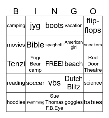 Olivia's favorite things Bingo Card
