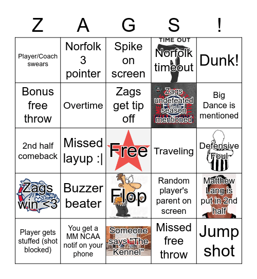 Zags Round 1 March Madness Bingo Card