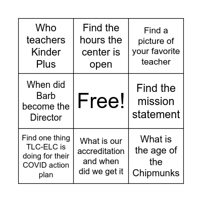 TLC-ELC Website Hunt Bingo Card