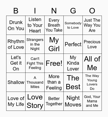 Love Song Bingo Card